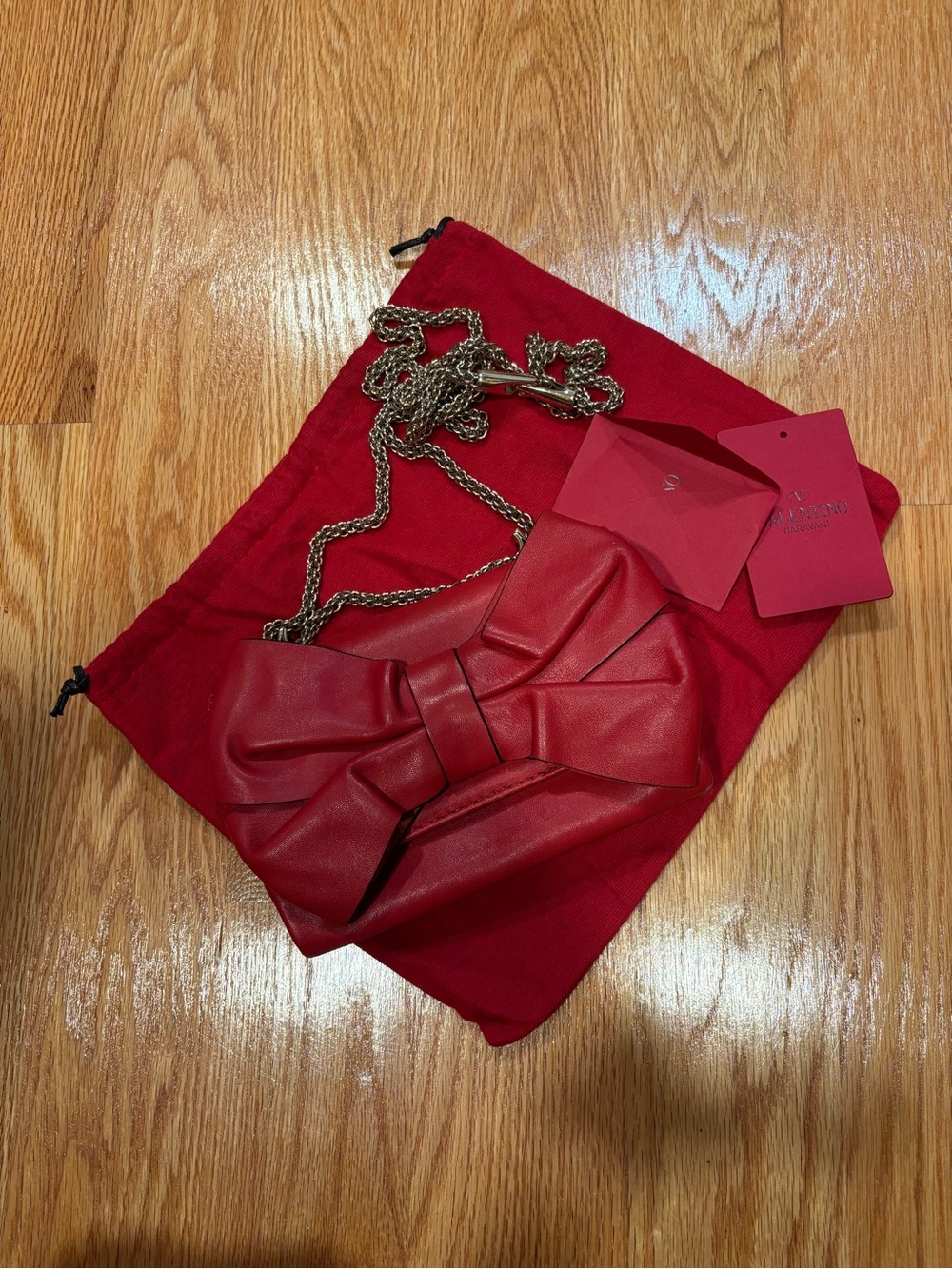Valentino Red Bow Chain Wristlet with Gold-Tone Chain